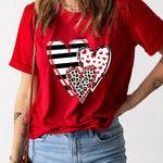 Red Leopard Striped Heart Shaped Print Crew Neck T Shirt