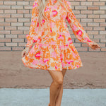 Orange Abstract Print Smocked Lantern Sleeve Ruffle Mini Dress