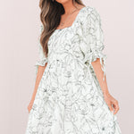 Beige Floral Print Square Neck Shirred Back Puff Sleeve Mini Dress