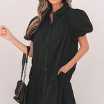 Black Shirt Style Button Down Puff Sleeve Ruffle Hem Dress