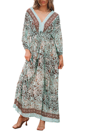 Green Boho Floral Print Lace-up Open Back High Waist Maxi Dress