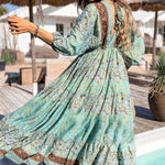 Green Boho Floral Print Lace-up Open Back High Waist Maxi Dress