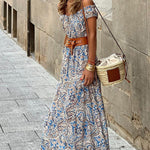 Blue Boho Paisley Print Off Shoulder Maxi Dress