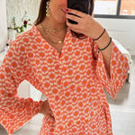 Orange Floral Print Flounce Sleeve Buttoned Front Mini Dress