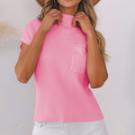 Pink Patch Pocket Ribbed Knit Short Sleeve Sweater