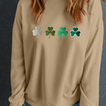 Khaki Embroidered Clover Pattern St Patrick Pullover Sweatshirt