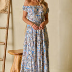 Blue Boho Paisley Print Off Shoulder Maxi Dress