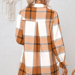 Khaki Plaid Pattern Collared Neck Ruffled Sleeve Shirt Dress