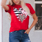 Red Leopard Striped Heart Shaped Print Crew Neck T Shirt