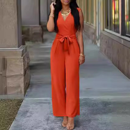 Women's V-neck Wide-leg Sleeveless Belt Jumpsuit