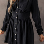 Black Elastic Cinched High Waist Long Sleeve Shirt Mini Dress