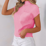 Pink Patch Pocket Ribbed Knit Short Sleeve Sweater