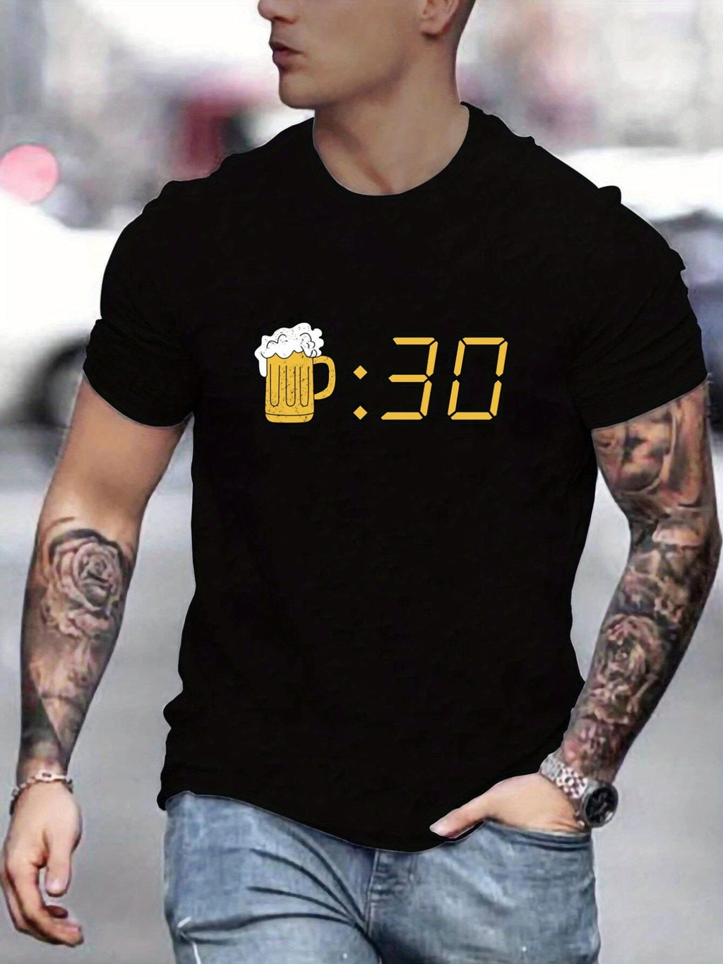 Beer Patterned Printed Men's Comfortable And Chic T-shirt, Patterned T-shirt For Men's Summer Outdoor Clothing, Men's Clothing, Men's Tops, Men's Gifts