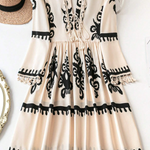 Beige Western Pattern Print Tasseled Notch V Neck Mini Dress