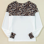 White Leopard Waffle Knit Patchwork Button V Neck Top