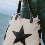 Beige Casual Five-pointed Star Canvas Tote Bag