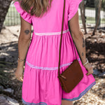 Strawberry Pink Ric Rac Colorblock Flutter Sleeve V Neck Tiered Dress