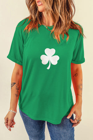 Bright Green Embroidered Clover Pattern St Patrick Tee