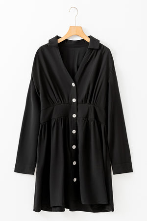 Black Elastic Cinched High Waist Long Sleeve Shirt Mini Dress