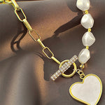 Gold Heart Shape Pendant Rhinestone Decor Pearl Chain Necklace