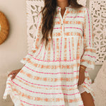 Orange Bohemian Printed Bracelet Sleeve Slit Neck Ruffled Loose Dress