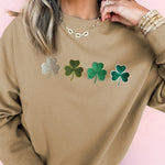 Khaki Embroidered Clover Pattern St Patrick Pullover Sweatshirt