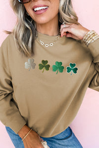 Khaki Embroidered Clover Pattern St Patrick Pullover Sweatshirt