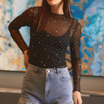 Black Rhinestone Sheer Mesh Slim Fit Long Sleeve Top