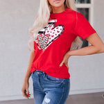 Red Leopard Striped Heart Shaped Print Crew Neck T Shirt