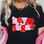 Black Chenille Heart hey sugar Patched Crewneck Valentines Tee