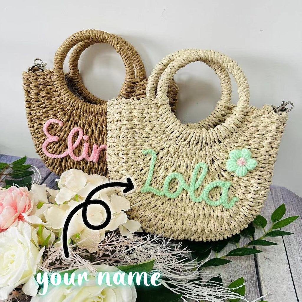 DIY Letter Name Seaside Vacation Style Grass Woven Handbag Straw Tote Crossbody Bag