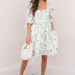 Beige Floral Print Square Neck Shirred Back Puff Sleeve Mini Dress