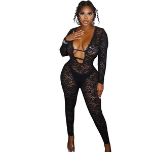 Women's Lace See-through Zipper Jumpsuit