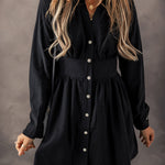 Black Elastic Cinched High Waist Long Sleeve Shirt Mini Dress