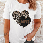 White Leopard LOVE Double Heart Printed Valentines Graphic Tee