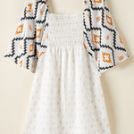 Beige Western Aztec Print Pleated Square Neck Loose Mini Dress