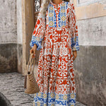 Orange Boho Geometric Printed Long Sleeve Maxi Dress