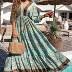 Green Boho Floral Print Lace-up Open Back High Waist Maxi Dress