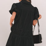 Black Shirt Style Button Down Puff Sleeve Ruffle Hem Dress