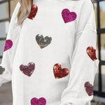 White Valentines Heart Patched Pattern Corded Pullover Sweatshirt