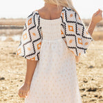 Beige Western Aztec Print Pleated Square Neck Loose Mini Dress