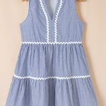 Blue Stripe Sleeveless Notched V Neck Contrast Ric Rac Mini Dress