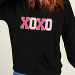 Black Chenille XOXO Patched Drop Shoulder Valentines Pullover Sweatshirt