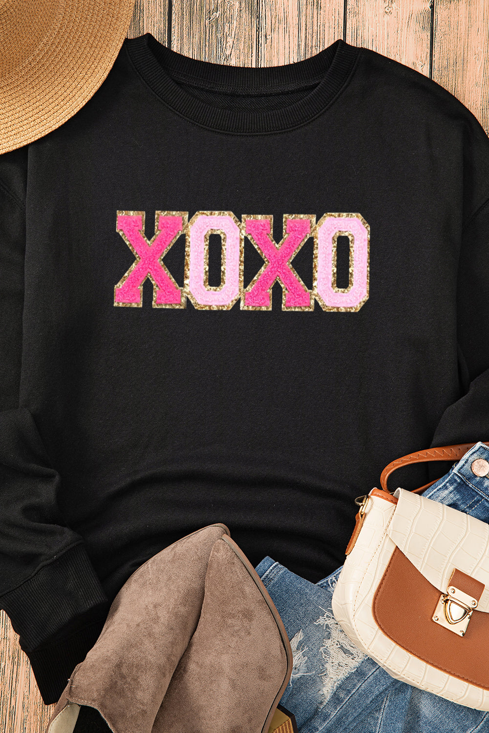 Black Chenille XOXO Patched Drop Shoulder Valentines Pullover Sweatshirt