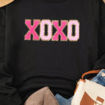 Black Chenille XOXO Patched Drop Shoulder Valentines Pullover Sweatshirt