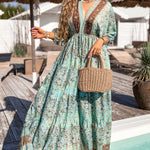 Green Boho Floral Print Lace-up Open Back High Waist Maxi Dress