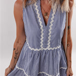 Blue Stripe Sleeveless Notched V Neck Contrast Ric Rac Mini Dress