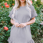 Light Grey Lace Floral Patchwork Ruffled T-shirt Dress