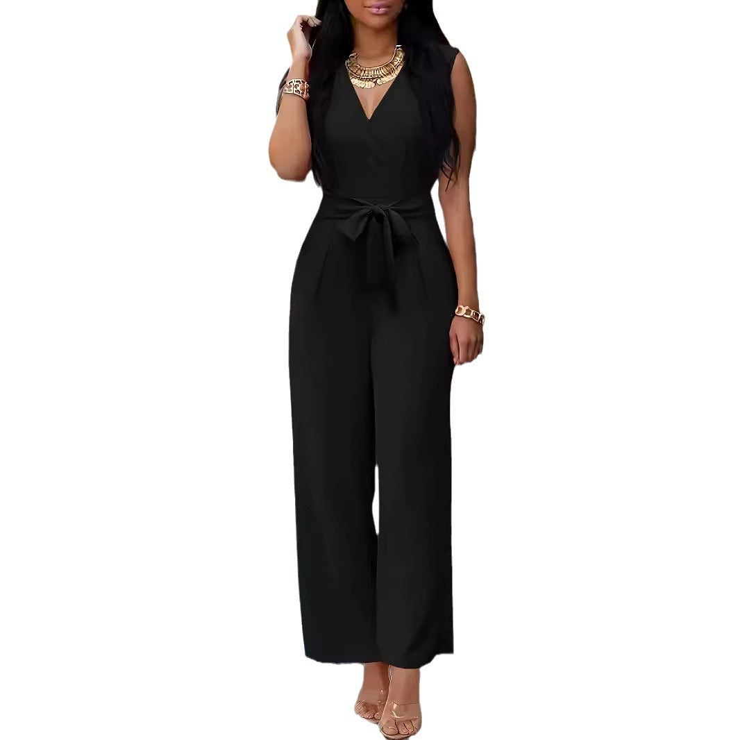 Women's V-neck Wide-leg Sleeveless Belt Jumpsuit