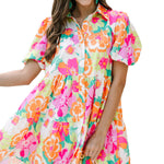 Pink Floral Puff Sleeve Collar Buttoned Babydoll Dress